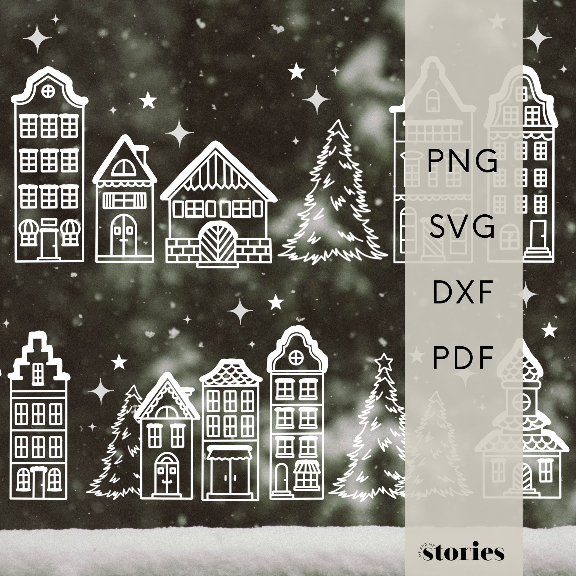 Plotterdatei SVG Winterlandschaft – skandinavische Häuserreihe mit Tannen & Sternen im Line Art Stil. Perfekt als Fensterbild Weihnachten oder Winterdeko, inklusive PDF-Vorlage zum Nachzeichnen.