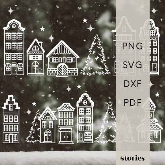 Plotterdatei SVG Winterlandschaft – skandinavische Häuserreihe mit Tannen & Sternen im Line Art Stil. Perfekt als Fensterbild Weihnachten oder Winterdeko, inklusive PDF-Vorlage zum Nachzeichnen.