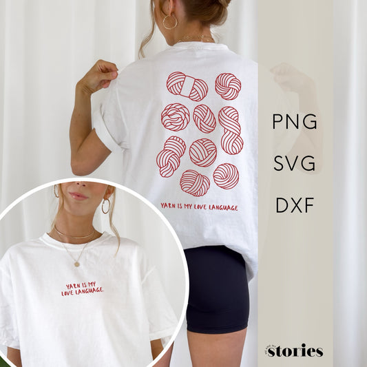 Plotterdatei Yarn is my Love Language – Vorderprint mit Statement-Spruch im Line Art Stil, perfekt für alle Strickbegeisterten.