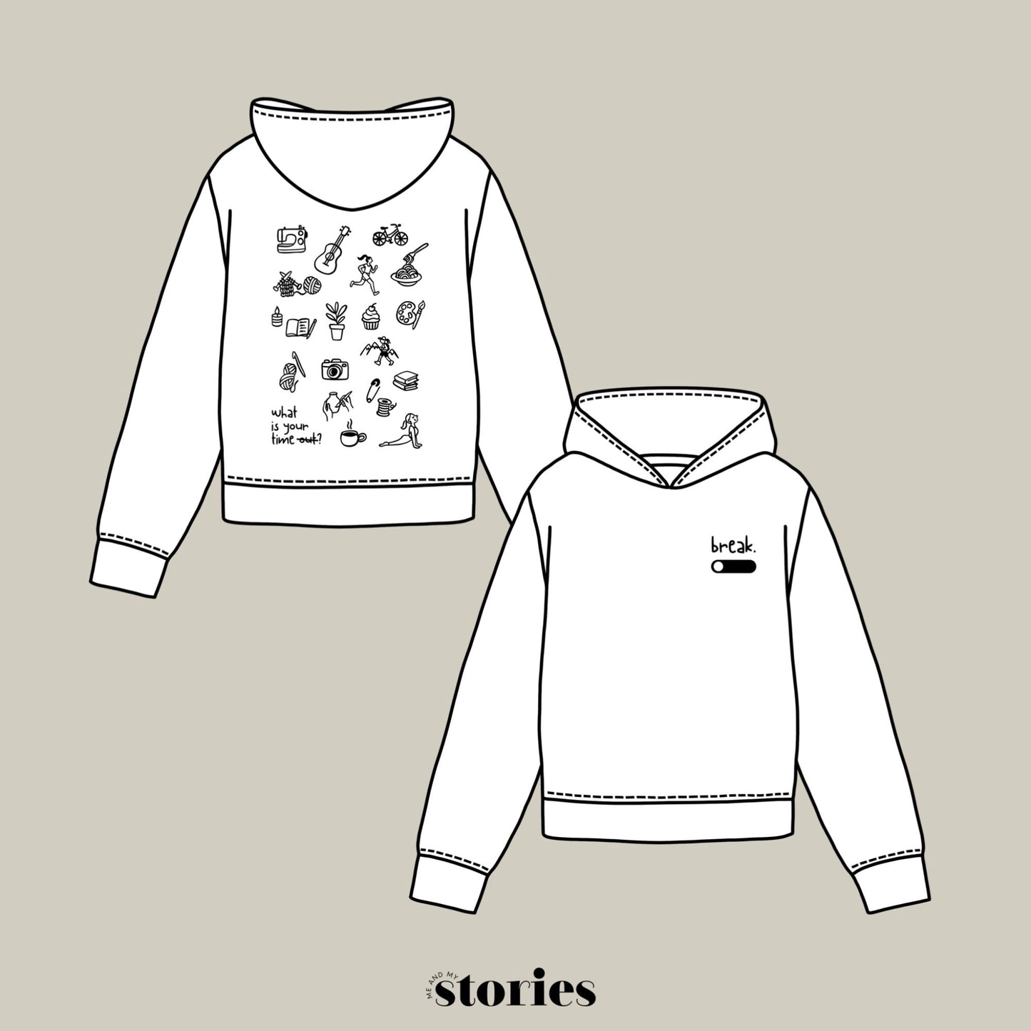 Plotterdatei „Break“ mit dem Spruch „what is your time out?“ und vielen kleinen Symbolen für verschiedene Hobbys wie Stricken, Nähen, Backen, Radfahren, Kochen und Laufen. Minimalistisches Line-Art-Design, entstanden in Kooperation mit Sandrina von @sunnio.sewingstorys. Ideal für Shirts, Taschen und kreative DIY-Projekte.