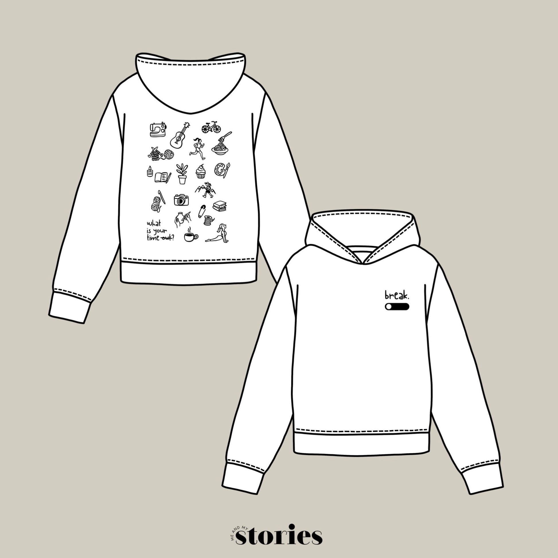 Plotterdatei „Break“ mit dem Spruch „what is your time out?“ und vielen kleinen Symbolen für verschiedene Hobbys wie Stricken, Nähen, Backen, Radfahren, Kochen und Laufen. Minimalistisches Line-Art-Design, entstanden in Kooperation mit Sandrina von @sunnio.sewingstorys. Ideal für Shirts, Taschen und kreative DIY-Projekte.
