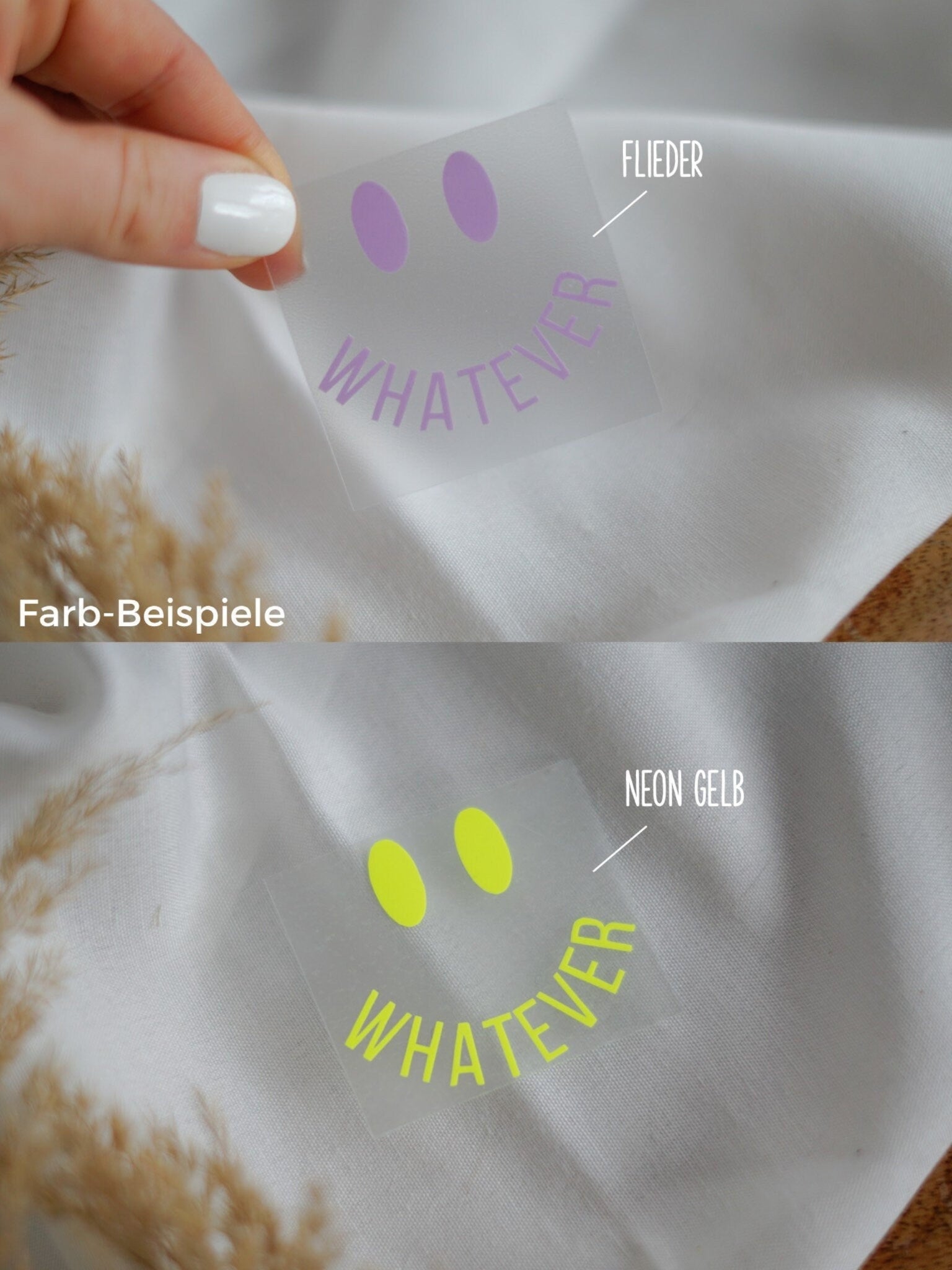 Individuelles Smiley-Bügelbild mit gebogenem Wunschwort als Mund – Farben: Schwarz, Weiß, Flieder, Blau, Neonpink oder Neongelb.