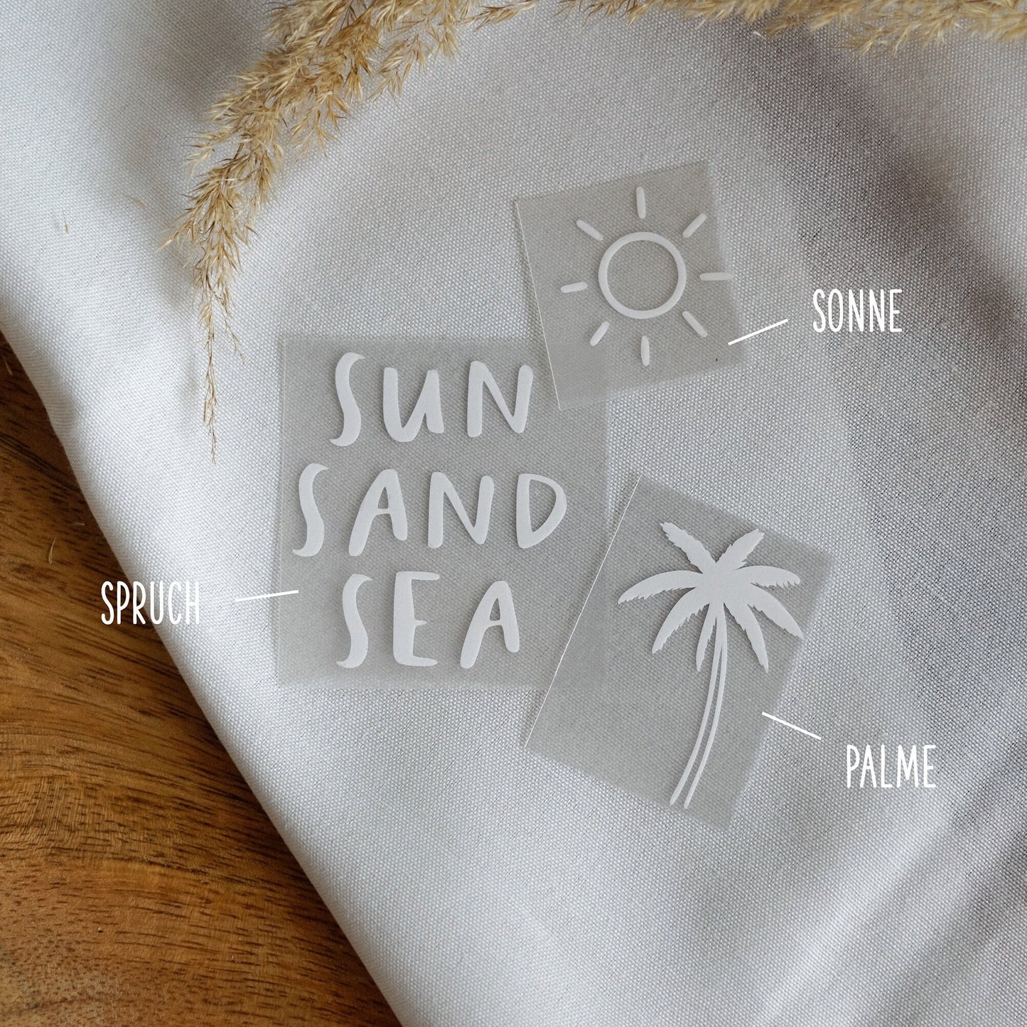 Bügelbild 3er Set - Palme Sonne & Schriftzug "sun sand sea"